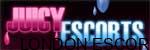 Logo with the words "Juicy Escorts" in bold, colorful font with pink and blue drops.
